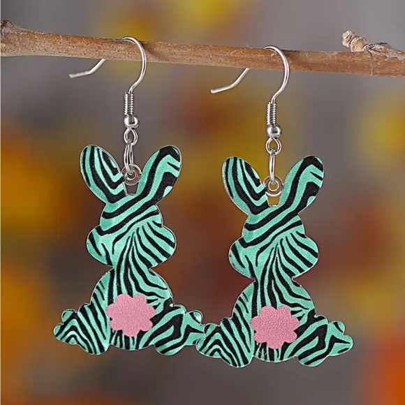 Blue & Black Zebra Striped Bunny Earrings - Picture 2 of 3